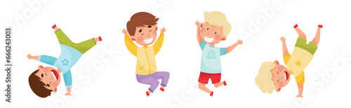 Happy Kids Jumping with Hands Raising Up Cheering and Rejoicing Vector Set