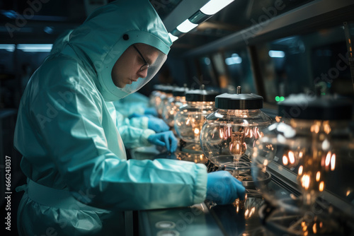 Biotechnicians conducting experiments in a sterile cleanroom to ensure accuracy and safety. Concept of laboratory safety and scientific rigor. Generative Ai.