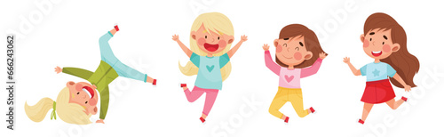 Happy Kids Jumping with Hands Raising Up Cheering and Rejoicing Vector Set