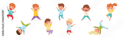 Happy Kids Jumping with Hands Raising Up Cheering and Rejoicing Vector Set