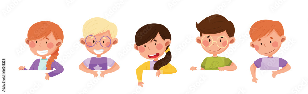 Cute Boy and Girl Characters Talking and Speaking at Table or Desk Vector Illustration Set Cute Boy and Girl Characters Talking and Speaking at Table or Desk Vector Illustration Set