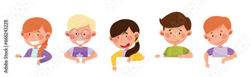 Cute Boy and Girl Characters Talking and Speaking at Table or Desk Vector Illustration Set
