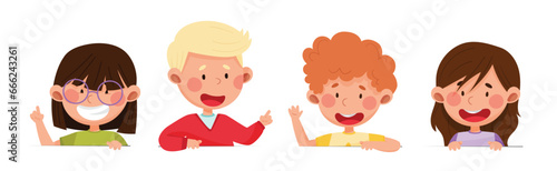 Cute Boy and Girl Characters Talking and Speaking at Table or Desk Vector Illustration Set