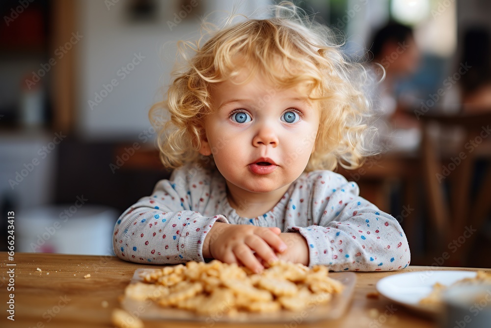 A baby girl with curly blonde hair and blue eyes looks seriously at the camera A baby girl with curly blonde hair and blue eyes looks seriously at the camera