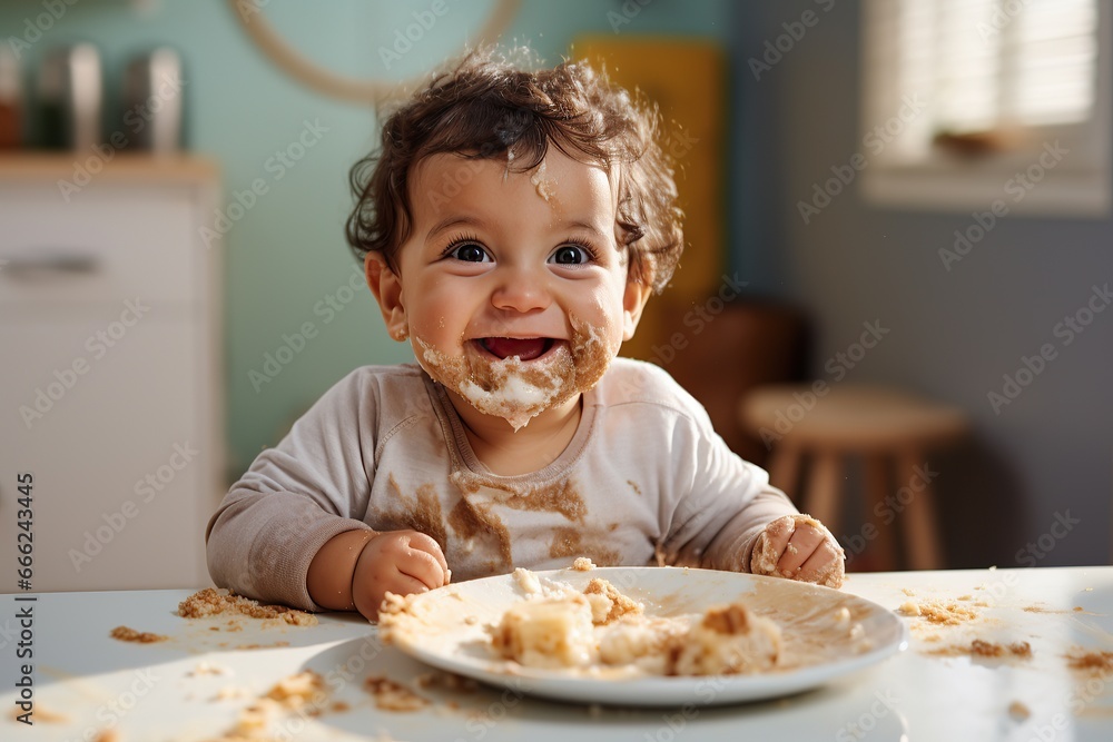 Candid image of a nice little baby boy with dark curly hair with his face covered in food Candid image of a nice little baby boy with dark curly hair with his face covered in food