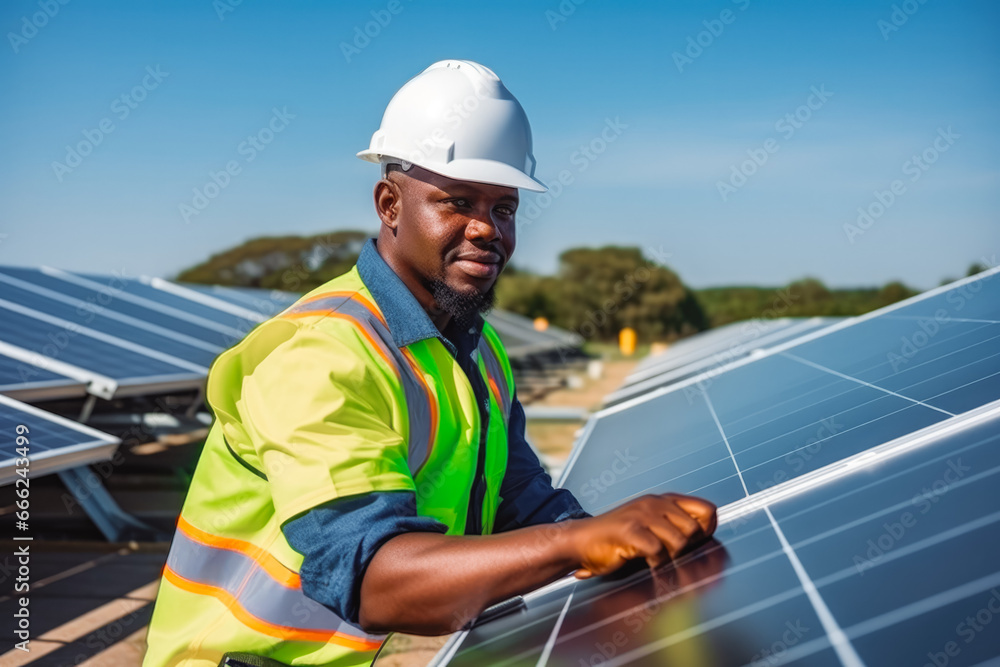 African American technician checks the maintenance of the solar panels. Processional solar panel technician checks for any issues. African American technician checks the maintenance of the solar panels. Processional solar panel technician checks for any issues.