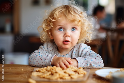 A baby girl with curly blonde hair and blue eyes looks seriously at the camera