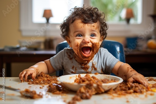 Funny portrait of a happy little boy with dark hair and curls with his face covered in food