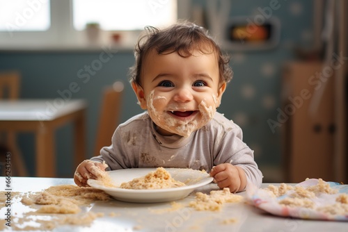 Portrait of a laughing cute kid with dark hair and curls with his face covered in food