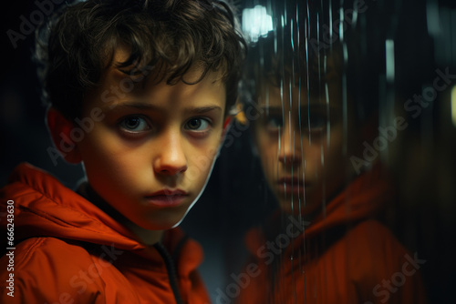 A young boy looking in the mirror, struggling with body image issues and self-acceptance. Concept of body dysmorphic disorder in children. Generative Ai. photo