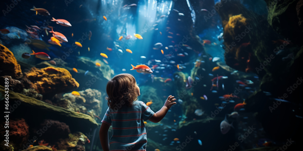 Kind bestaunt die Fische im Aquarium - obrazy, fototapety, plakaty 