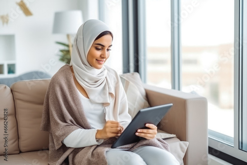 Arabic happy woman using tablet on couch in smart home. Modern home innovation and technology. Using a mobile tablet to control smart home.