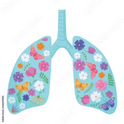 Green planet lungs metaphor. Cartoon human healthy and clean lungs with flowers and leaves flat vector illustration. Ecology and environment care concept