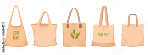 Reusable grocery bags. Eco shopping bags, empty zero waste textile bags flat vector illustration set. Zero waste shopping bags