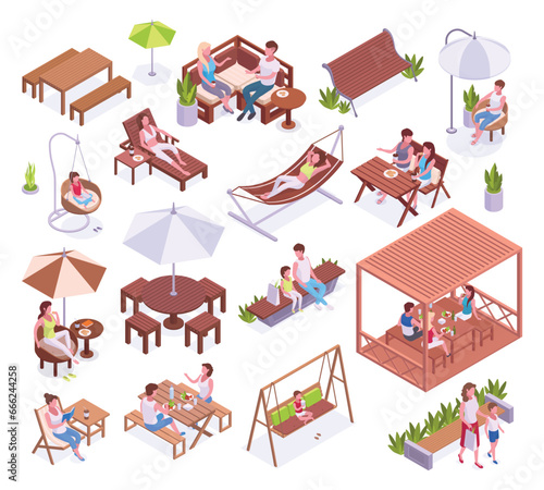 Isometric people chilling in backyard. Summerhouse garden furniture and chilling characters, people spending time on terrace 3d vector illustration set. Home terrace furniture