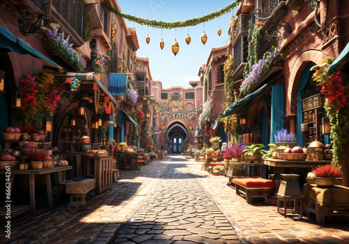 Streets of Marrakech with shops and traditional crafts to welcome tourists with Moroccan culture. AI generated