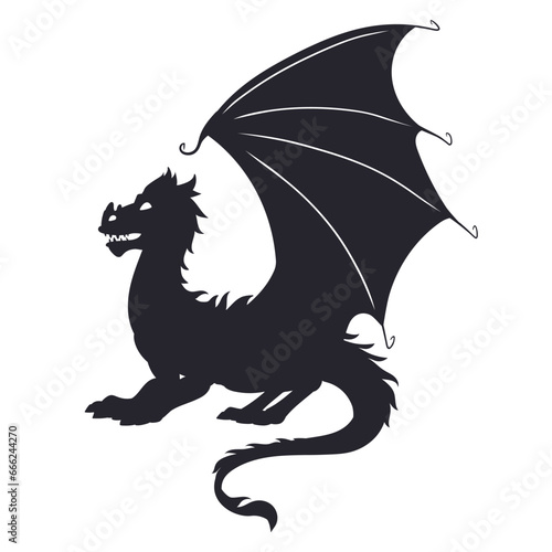 Winged magic dragon. Cartoon fantasy dragon silhouette  fairy tale fire breathing dragon flat vector illustration