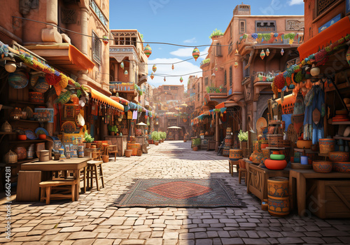 Streets of Marrakech with shops and traditional crafts to welcome tourists with Moroccan culture. AI generated