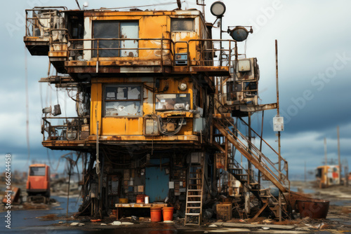 An abandoned, structurally unsound building on the verge of collapse, highlighting the risk of urban decay. Concept of building safety. Generative Ai.