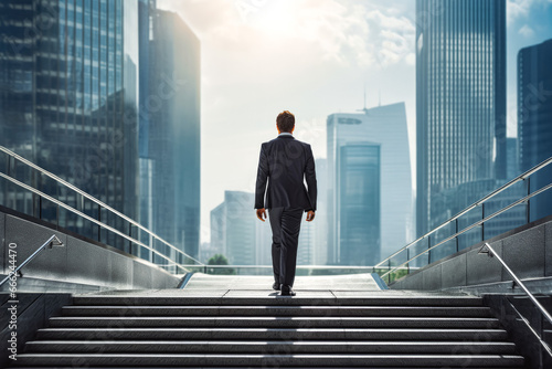 Businessman walking towards his ambition. Man in a suit with big ambitions walking towards his goal. Showing ambition and working hard concept. photo