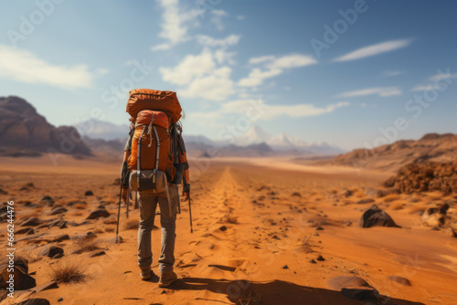 A hiker lost in a vast desert, symbolizing the life-threatening risks of dehydration and exposure. Concept of desert survival. Generative Ai. photo