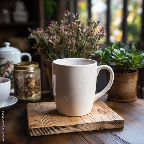 White mug mockup, Blank ceramic mug. Blurred background with a wooden table