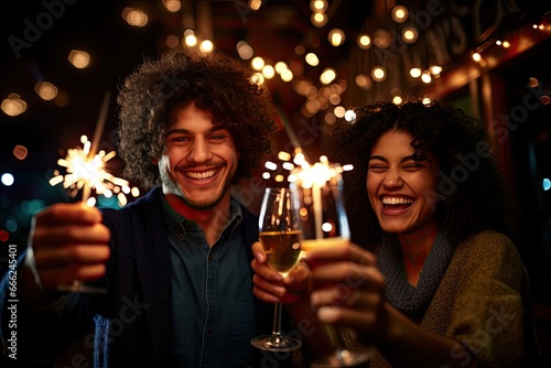 Group of friends with sparklers and toasting celebrating holiday