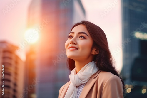 Happy rich wealthy successful asian businesswoman standing in the big city with business buildings in the background. Successful woman in the city