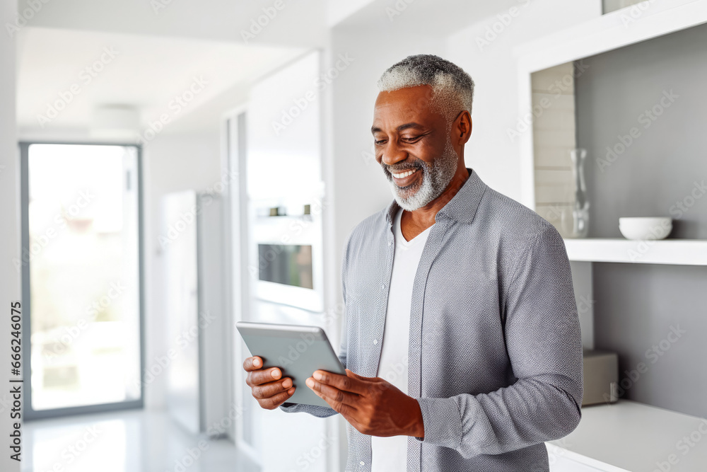 Happy mature black man using tablet on white wall in smart home. Modern home innovation and technology. Using a mobile tablet to control smart home. Happy mature black man using tablet on white wall in smart home. Modern home innovation and technology. Using a mobile tablet to control smart home.