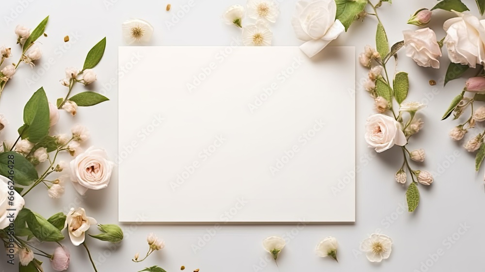 a stunning and minimalist wedding invitation in white, enhanced by a flat lay mockup with delicate rose flowers, showcasing simplicity, modernity, and ultra-realistic details.