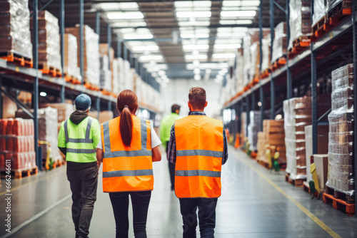 Warehouse employees in action moving boxes in storage. Workers in big warehouse in orange reflective vests and helmets walking in warehouse back shot.