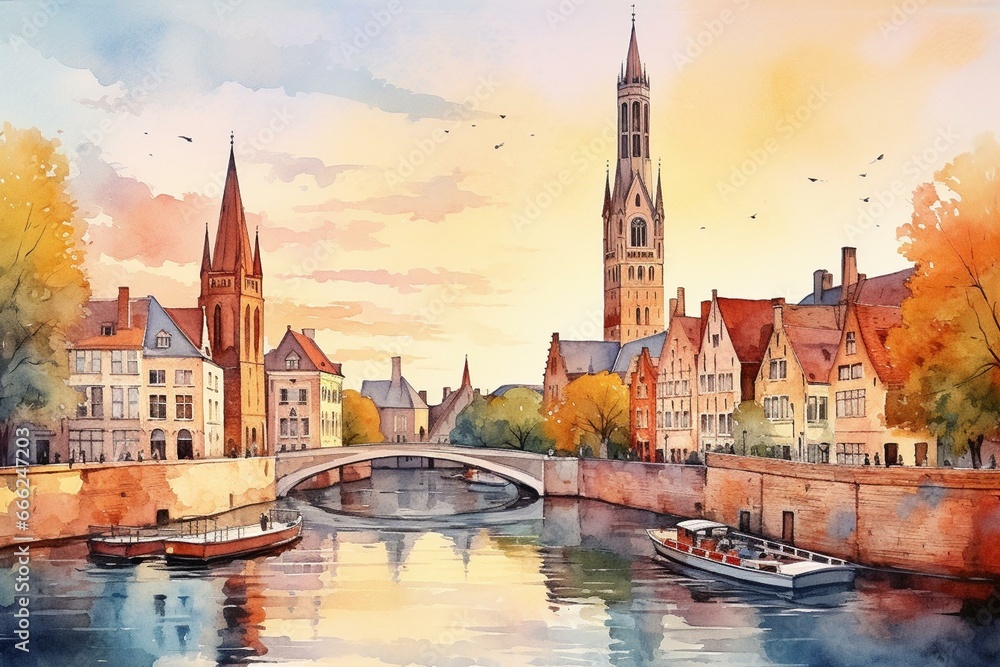 Fototapeta premium Watercolor painting of Bruges old town and belfry tower at sunset, Belgium. Illustration of famous viewpoint. Generative AI