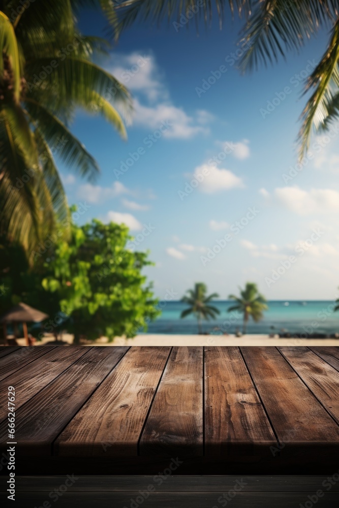 An empty dark wood table on a sunlit beach with a blurred, pristine sea in the backdrop, creating a serene spot for beachfront relaxation. An empty dark wood table on a sunlit beach with a blurred, pristine sea in the backdrop, creating a serene spot for beachfront relaxation.