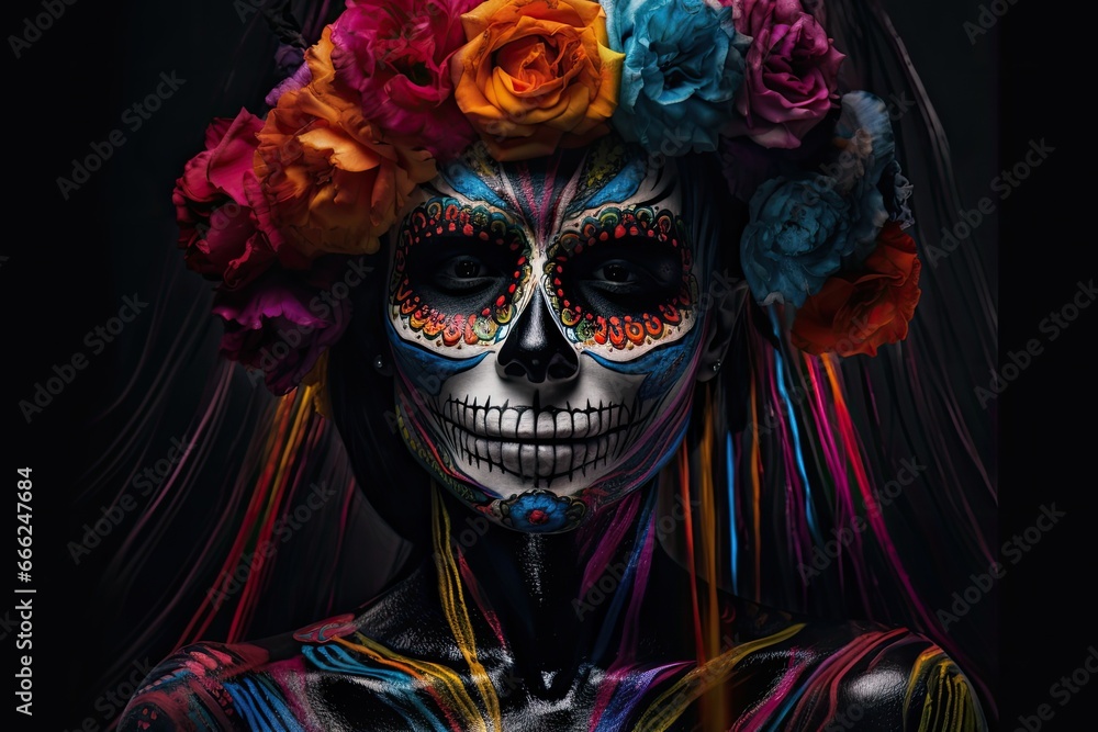 Portrait of a Catrina amidst Dia de los Muertos mexican's celebration taking place on Halloween Portrait of a Catrina amidst Dia de los Muertos mexican's celebration taking place on Halloween