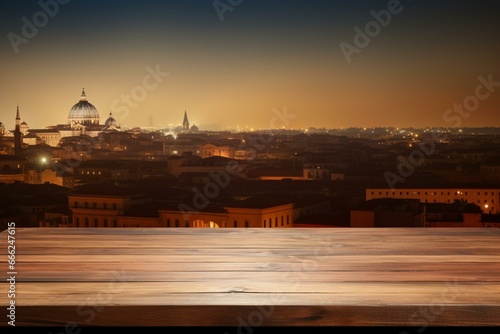 Wooden table with blurred night view of Rome, perfect for showcasing your product. Generative AI