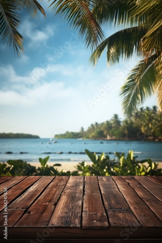 A beachside bamboo table with an empty top, beautifully framed by the sea and a picturesque sky, offering a tropical ambiance for outdoor dining.