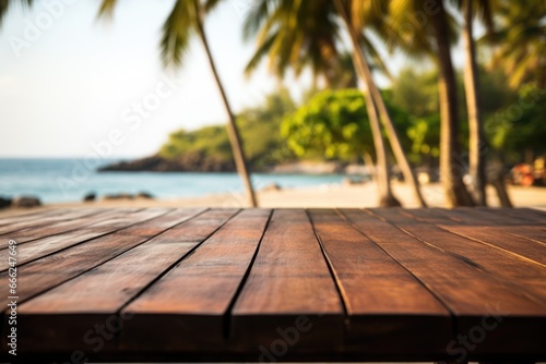 An empty rustic wooden table on a sun-kissed beach with a blurred  scenic coastal backdrop  making it a serene spot for seaside relaxation.