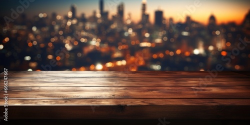 Classic Oak Table Overlooking City Lights: A classic oak table by a window, providing a picturesque view of the city lights at night, forming a mesmerizing and timeless cityscape backdrop.