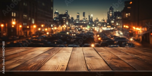Classic Oak Table Overlooking City Lights: A classic oak table by a window, providing a picturesque view of the city lights at night, forming a mesmerizing and timeless cityscape backdrop.