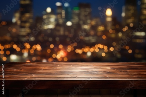 Charming Oak Table with Nocturnal City Lights: A charming oak table positioned near a window, presenting a view of the city lights at night, creating a charming and enchanting urban backdrop.