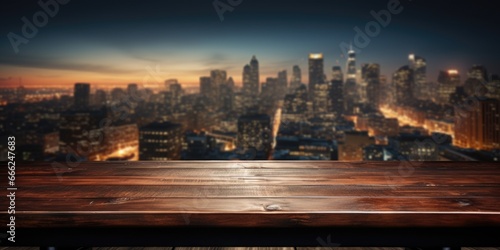 Elegant Oak Table with Urban Night View: An elegant oak table placed near a window, revealing the urban night view with captivating city lights, adding sophistication to the interior.
