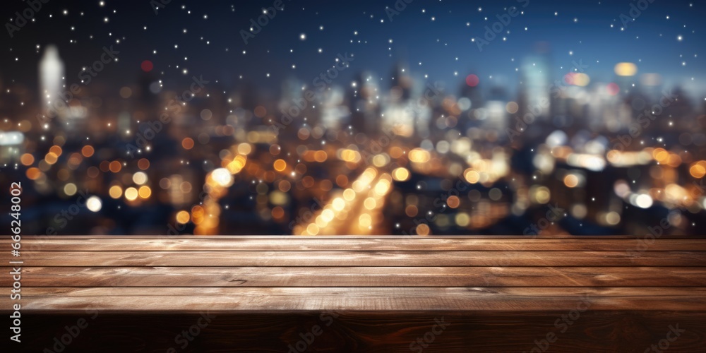 A dark wood table placed by a window, offering a cozy environment for gazing at the winter landscape with snow-covered rooftops, a tranquil forest, and holiday lights that sparkle in the serene scene.