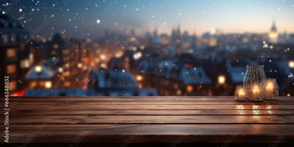 A dark wood table by a window, offering a view of a snow-covered forest, an icy lake, snowy rooftops, and sparkling holiday lights.