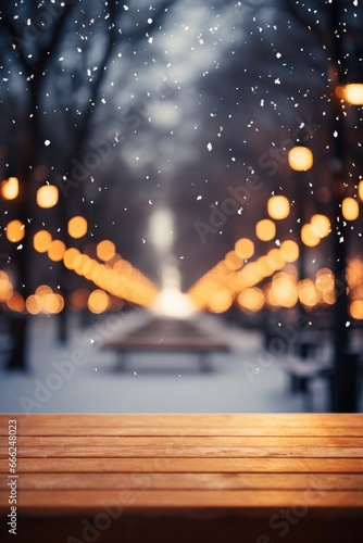 A dark wood table in a snowy city park, where a snow-covered forest, icy lake, and festive lights on trees create a magical scene.