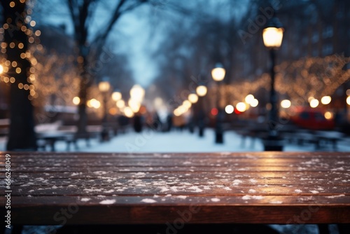 A snowy city park with a dark wood table, offering views of a snow-covered forest, icy lake, and holiday lights on trees.
