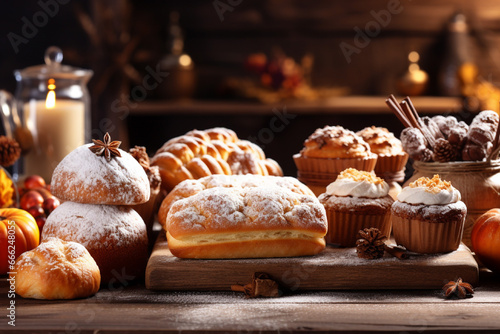 Composition with assorted pastries on wooden table. Food background.