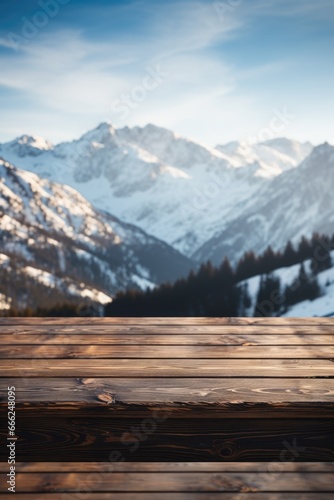Mountain Cabin Serenity: An empty dark wood table on the deck of a cozy mountain cabin, overlooking a snow-covered forest, icy lake, and majestic peaks.