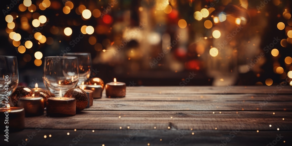 An elegant New Year's or Christmas party is set around a dark wood table, with guests and sparkling decorations adding to the festive winter ambiance.