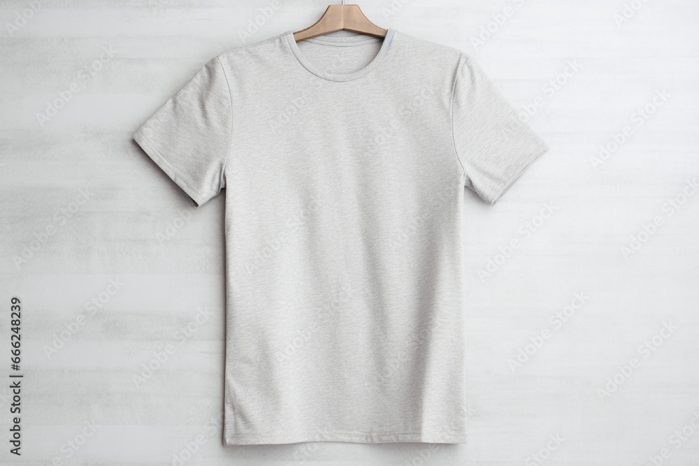 Grey t-shirt on a wooden hanger on a gray background Grey t-shirt on a wooden hanger on a gray background