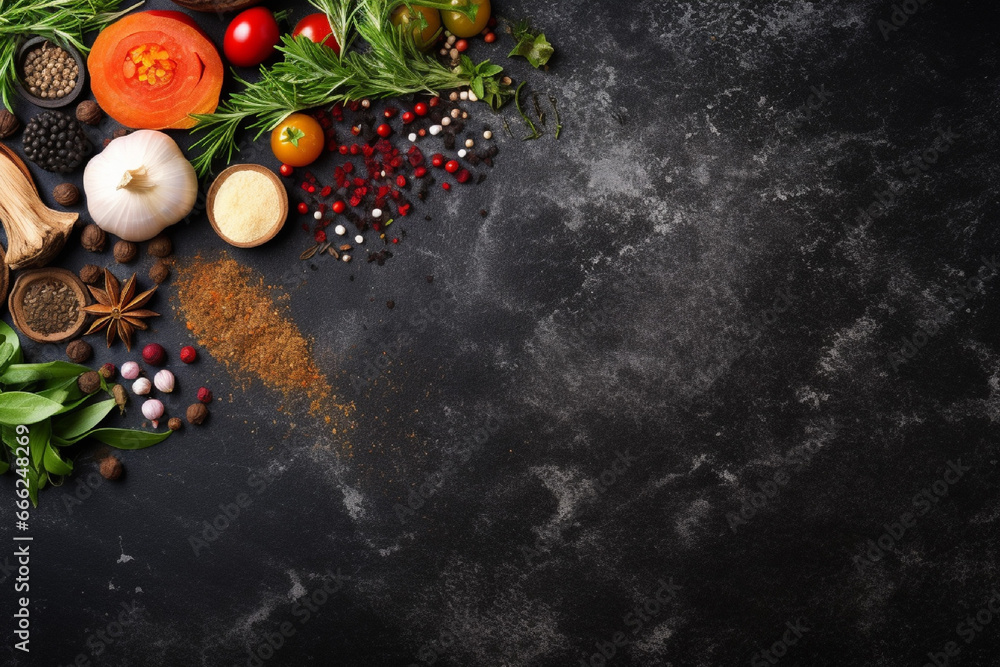 Spices and herbs on black background with copy space. Top view Spices and herbs on black background with copy space. Top view